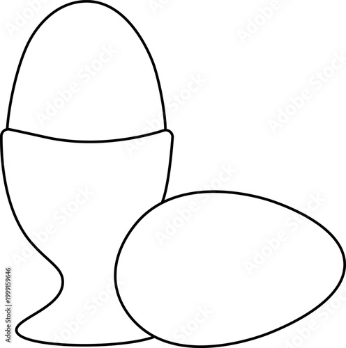 Boiled egg in cup. Cooked eggshell with yolk protein in eggcup, organic chicken eggs for healthy breakfast, protein Black and white composition hand drawn illustration. Vector graphic line art.