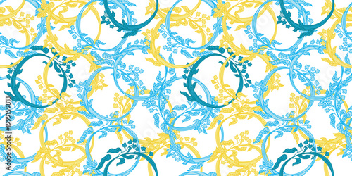 PrintFull-frame, seamless floral pattern. The pattern features stylized, looping vines or branches in light gray or silver tones. These vines support a multitude of stylized flowers, leaves, and buds