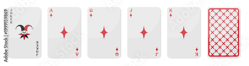 Set of high value playing cards of Diamonds. Joker, Ace of Diamonds, Queen, Jack and King. Playing cards with back side. Vector illustration