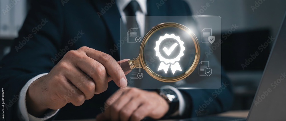 Fototapeta premium Evaluating quality assurance in business operations corporate office visual content professional environment close-up view certification concept for enhanced performance