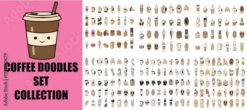 Coffee doodles set collection, hand drawn cafe icons in kawaii style, cute brown beverage illustrations, vector espresso and latte art elements