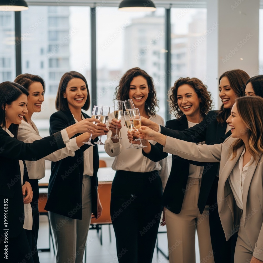 Obraz premium Group of Smiling Businesswomen Toasting Champagne in Bright Office