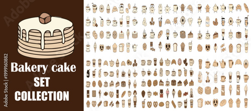 Bakery cake set collection, hand drawn dessert icons vector, sweet pastry and confectionery illustrations, brown and cream cafe menu elements
