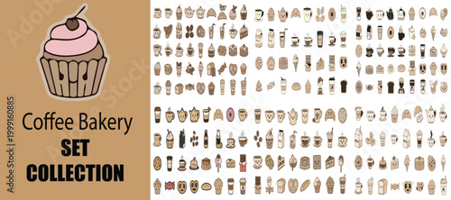 Coffee Bakery Set Collection, hand drawn doodle icons of desserts and drinks, cute cafe menu illustrations, vector pastry and caffeine graphics