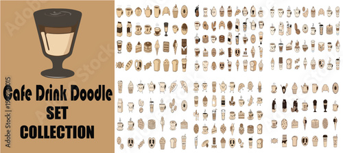 Cafe Drink Doodle Set Collection, Hand Drawn Coffee and Beverage Icons, Vector Illustration of Hot and Cold Drinks for Restaurant Menu Design