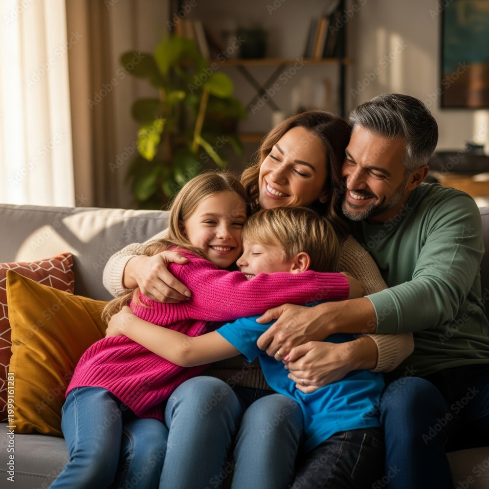 Fototapeta premium Happy Family Embracing on Couch in Living Room at Home