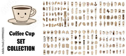 Hand drawn coffee cup set collection, cute kawaii cafe icons vector, doodle espresso and latte mug illustrations, brown beverage clipart for menu design