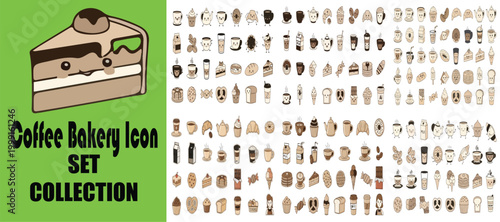 Coffee Bakery Icon Set Collection, hand drawn cafe doodle illustrations, brown and beige dessert and beverage vector graphics for menu design