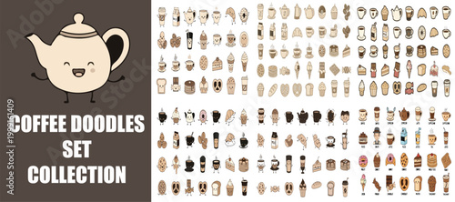 Coffee doodles set collection, hand drawn cafe icons in kawaii style, cute beverage illustrations for menu design, brown and cream vector elements