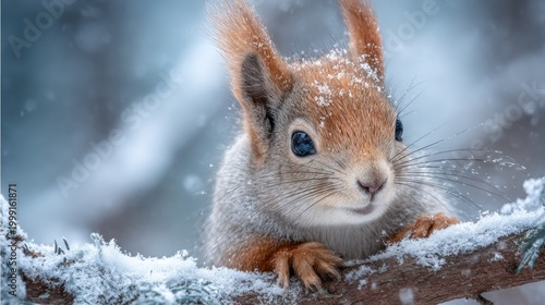Adorable mammal clings to a snow-covered branch while wintry flakes fall around it
