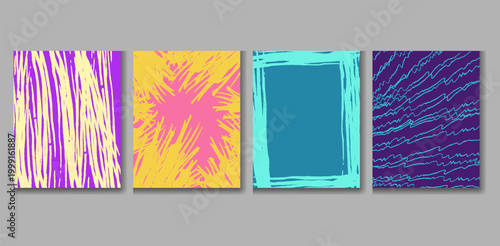 Four colorful abstract art panels with unique designs on a gray background for creative projects and presentations