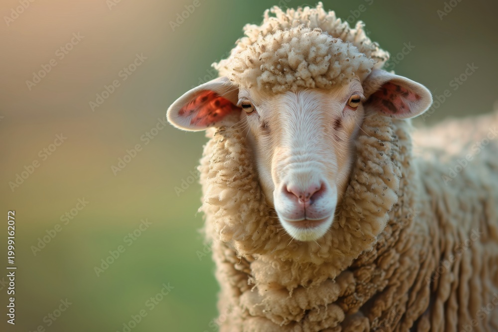 Fototapeta premium Close-up portrait of a fluffy sheep with soft wool and warm backlight, neutral green background, sharp focus on face, friendly expression