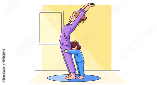 Mother and Child Yoga Morning Stretch, Healthy Lifestyle, Family Bonding