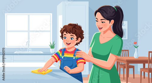 Mother and son cleaning kitchen together, teaching child chores and responsibility