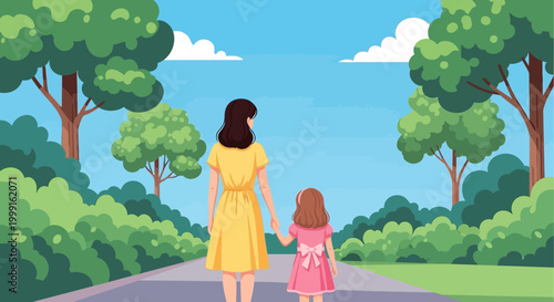 Mother and Daughter Walking in Park, Holding Hands, Summer Day, Green Trees, Blue Sky