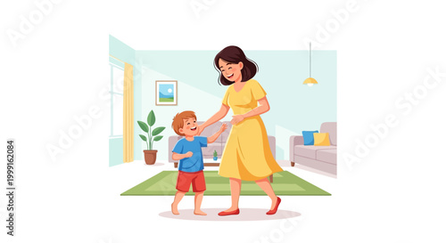Mother and Son Dancing Happily in Living Room, Family Fun