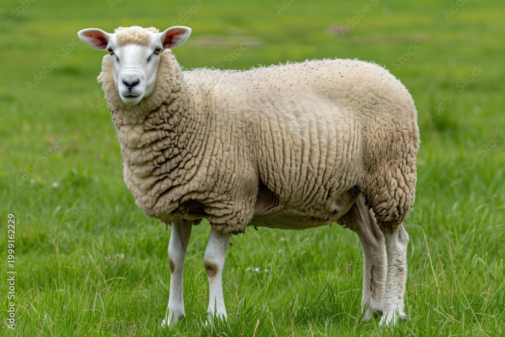 Fototapeta premium White sheep standing in a green grassy field, looking at camera, close-up side view, natural daylight