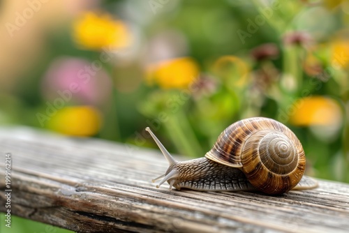 Close-up of a brown garden snail crawling on weathered wooden plank with blurred colorful flowers in background
