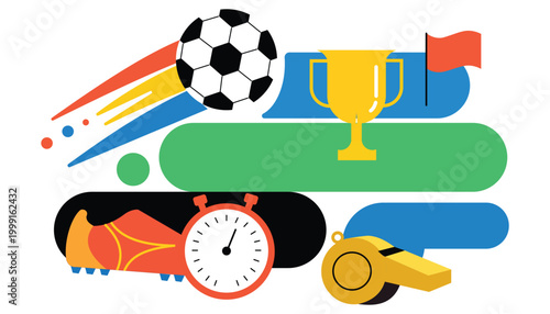 Set of sports equipment icons including a soccer ball, trophy, whistle, stopwatch, and soccer cleat vector illustration