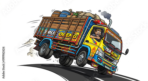 Cartoon colorful Indonesian decorated truck drifting with heavy load