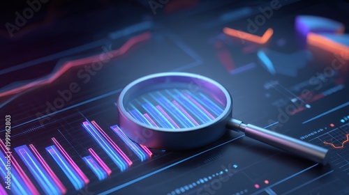 Magnifying glass over business graph analysis concept