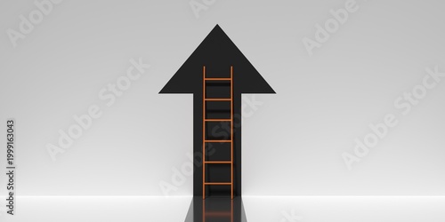 Foto Orange stepladder leaning on black arrow on white floor and wall background, bus