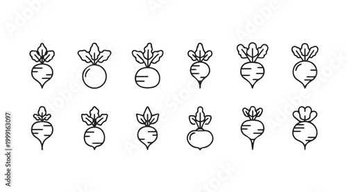 Radish icons in line art style with leafy green tops on white background