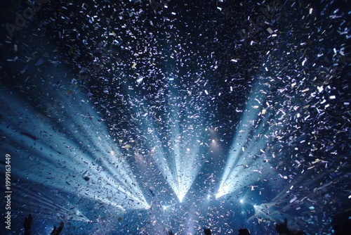 Festive celebration with confetti falling from spotlights onto a cheering crowd