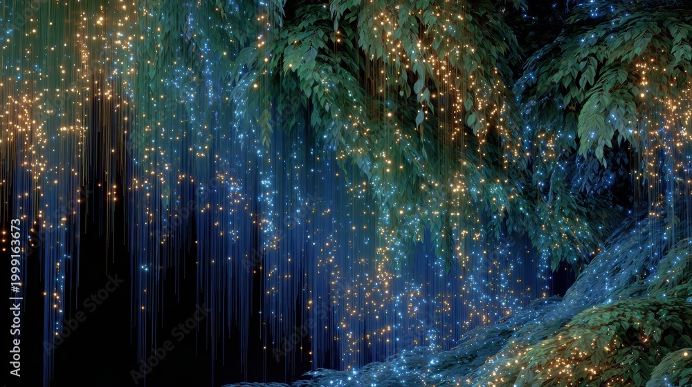 Fototapeta premium Enchanted Forest with Glowing Lights and Lush Green Leaves at Night