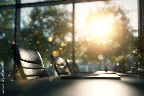 Sunlit boardroom with empty chairs and bokeh effects