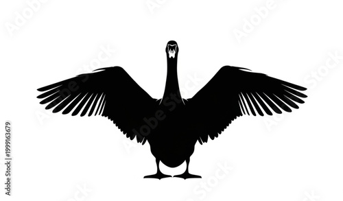Swan silhouette with wings spread dramatic elegant bird pose minimalist black vector isolated on white background