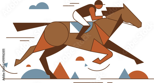 Horse galloping forward illustrates a clean and modern design with abstract geometric elements and earth tones.