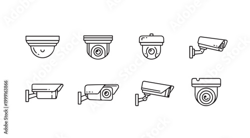 Security camera icons in line art style for surveillance and protection concepts