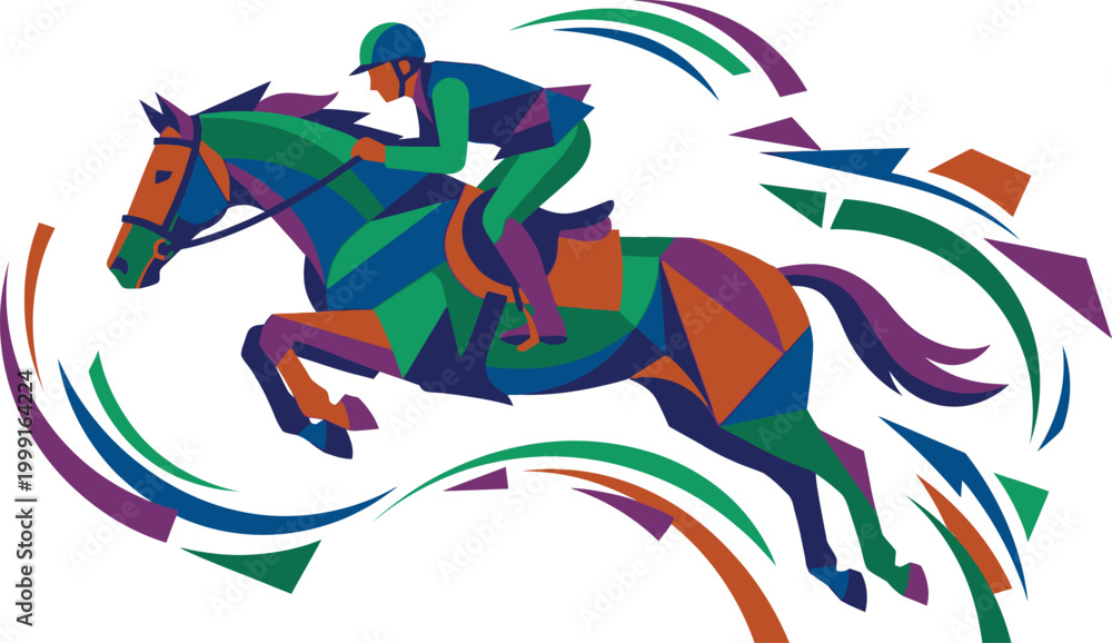 Fototapeta premium Horse jumping represents a dynamic equestrian sport depicted through a colorful geometric design style.