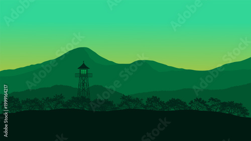 Mint Green Mountain Forest with Fire Watch Tower Silhouette