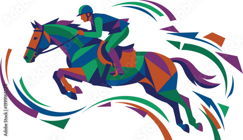 Horse jumping represents a dynamic equestrian sport depicted through a colorful geometric design style.