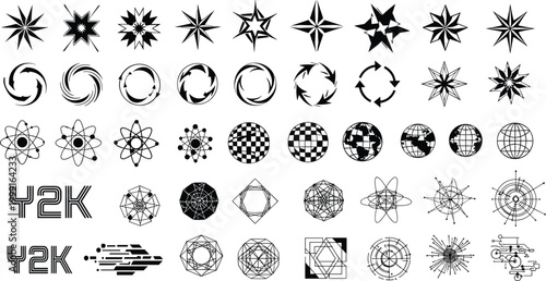 Black Y2K Retro Futuristic Icon Mega Set with Stars Globe Atom Spiral Arrow Geometric and Cyber Shapes Vector Collection