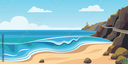 Ocean shore, sandy beach surrounded by cliffs and a road leading to a lighthouse. Vector illustration.
