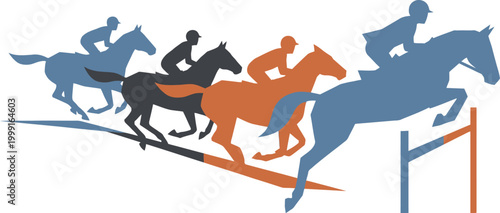 Equestrian jump sequence displays jockeys guiding horses over a hurdle in a minimalist vector style illustration.