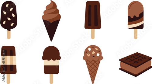 Six Chocolate Focused Frozen Dessert Icons in Deep Cocoa Milk Chocolate and Cream Beige Flat Vector Pack Featuring Dipped Popsicle Soft Serve Fudge Bar Layered Pop Rocky Road and Ice Cream Sandwich