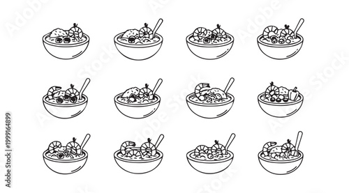 Shrimp and Grits bowls with spoons in a clean graphic illustration style