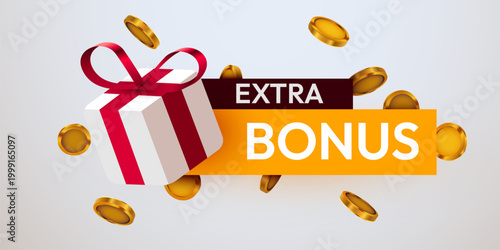 Extra Bonus concept with gift box and falling gold coins. Promotional banner for your marketing. Vector illustration