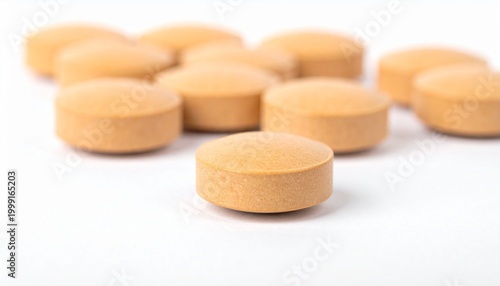 Round orange pharmaceutical tablets with beveled edges, smooth surface, grouped on clean white background.
