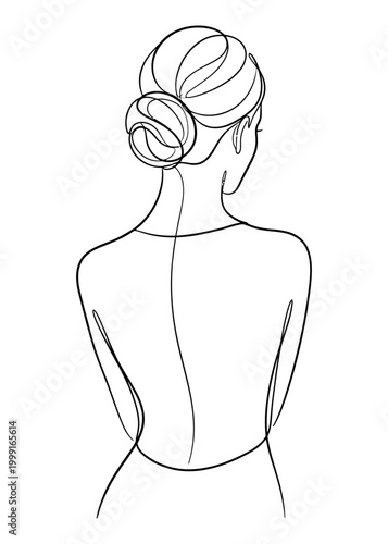 Elegant back view illustration of a woman with updo hairstyle and strapless dress design editable vector silhouette