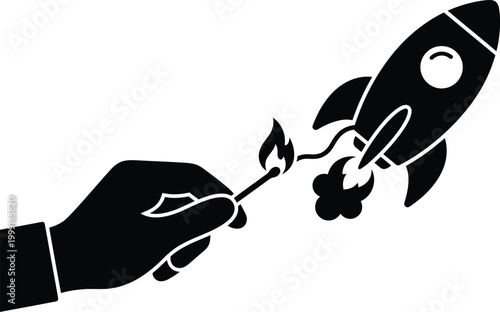Hand holding a lit match next to a stylized rocket illustration symbolizing launch or ignition editable vector silhouette