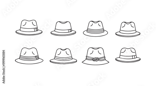 Various fedora hats arranged in two rows on white background
