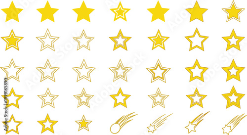 Yellow Gold Star Icons Mega Collection with Filled Outline Layered Shooting Star and Various Styles Vector Design Set