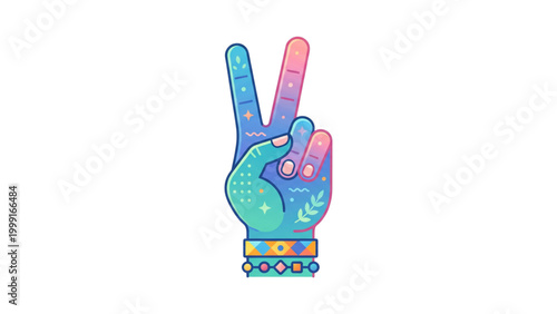Colorful artistic hand showing peace sign in vibrant style  