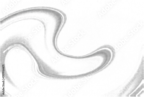 Abstract black and white halftone pattern features a dynamic swirling liquid design.