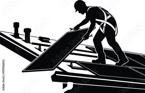 Man installing or repairing a large flat roof with safety harness and tools editable vector silhouette